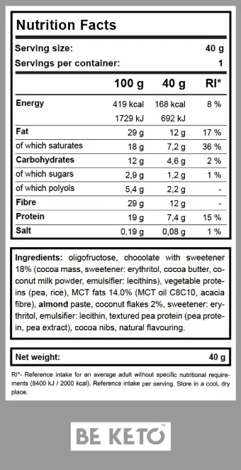 Baton Keto – Ciocolata cu Cocos – 40g (BE KETO)