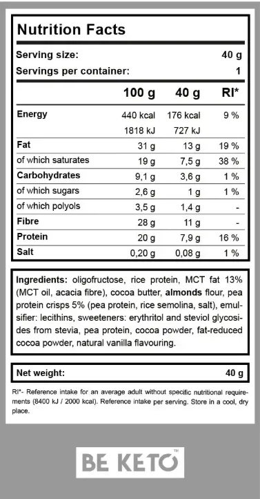 Baton Keto – Brownie cu Vanilie – 40g (BE KETO)