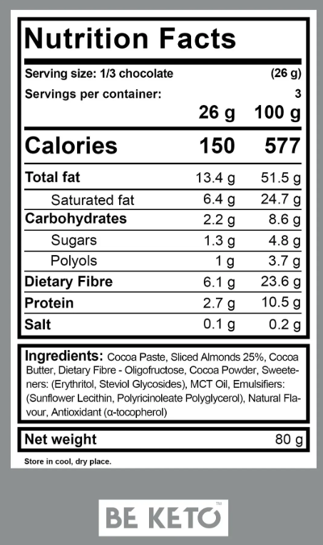 Vegan Keto Ciocolată + Ulei MCT – Migdale Crocante – 80g (BE KETO)