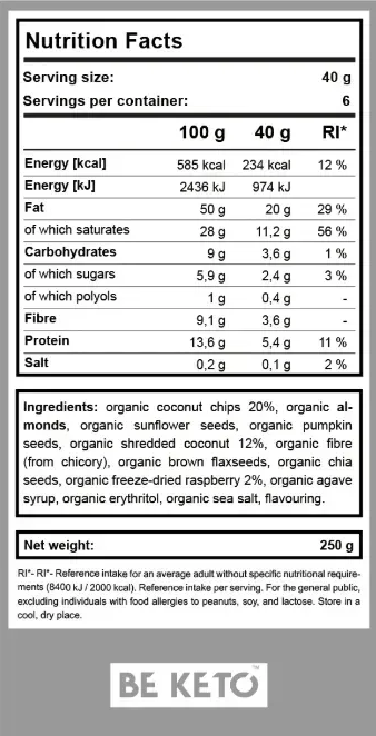 Granola Organica Keto – Zmeura Proaspata 250g (BE KETO)