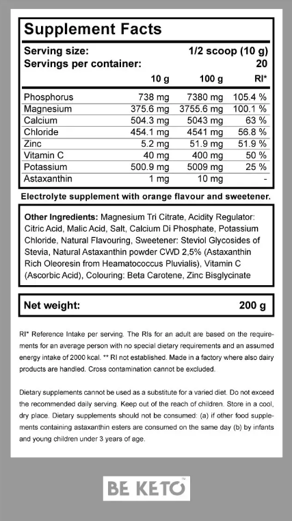 Keto Electrolyte Powder – Sunshine Orange 200g (BE KETO)
