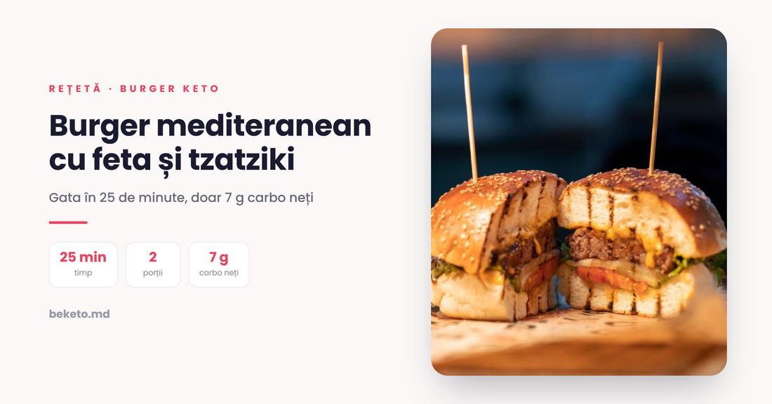 Burger mediteranean cu feta și tzatziki – rețetă keto cu chifle Be Keto