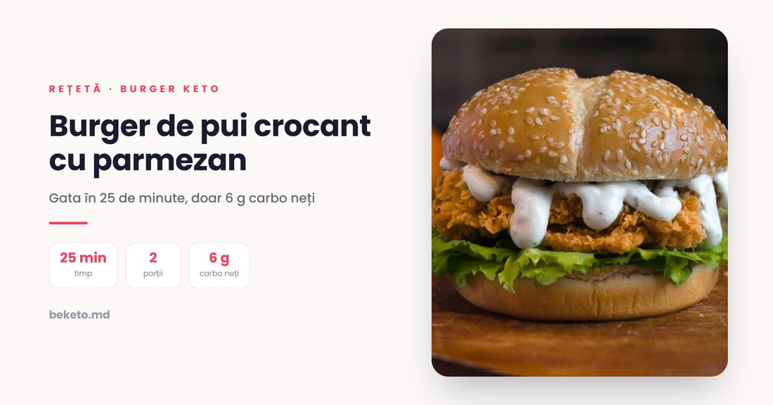 Burger de pui crocant cu parmezan – rețetă keto cu chifle Be Keto