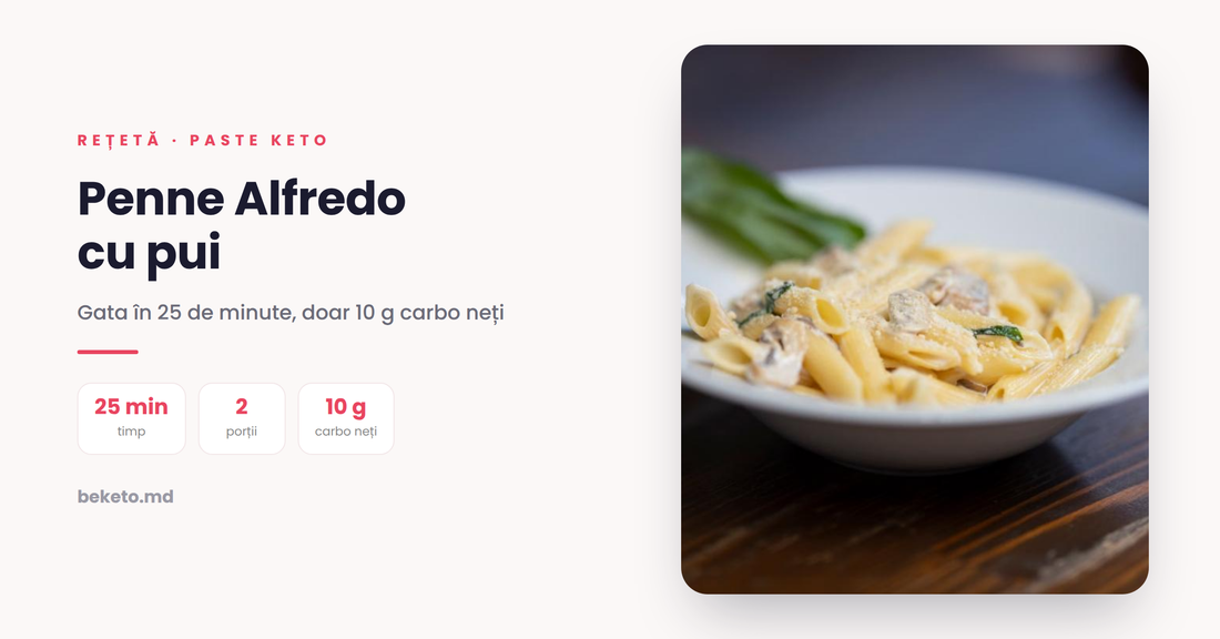 Penne Alfredo cu pui – rețetă keto cu paste Be Keto