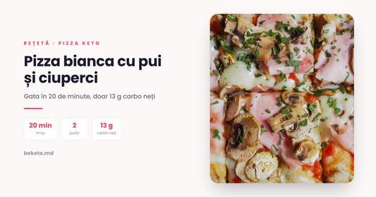 Pizza bianca cu pui, ciuperci și spanac – rețetă keto cu blat Be Keto