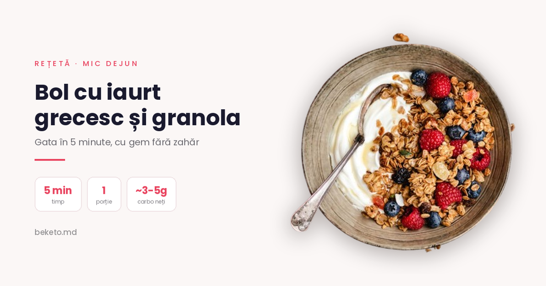 Bol cu iaurt grecesc, granola și gem fără zahăr