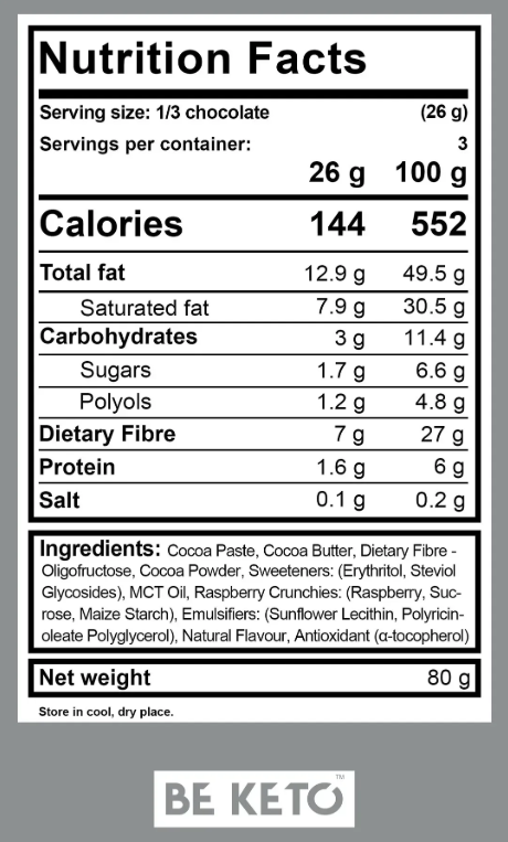 Ciocolată Vegană Keto + Ulei MCT – Zmeură Sălbatică – 80g (BE KETO)