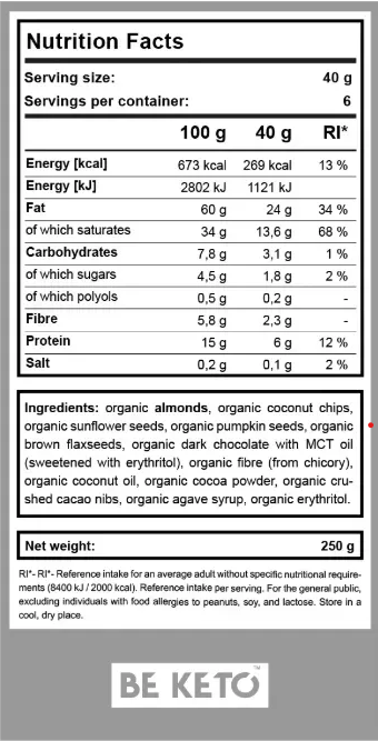 Granola Organica Keto – Cacao & Chipsuri de Ciocolata 250g (BE KETO)