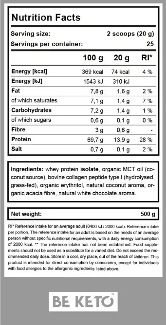 Shake Diet Keto – Cocos & Ciocolata Alba 500g (BE KETO)