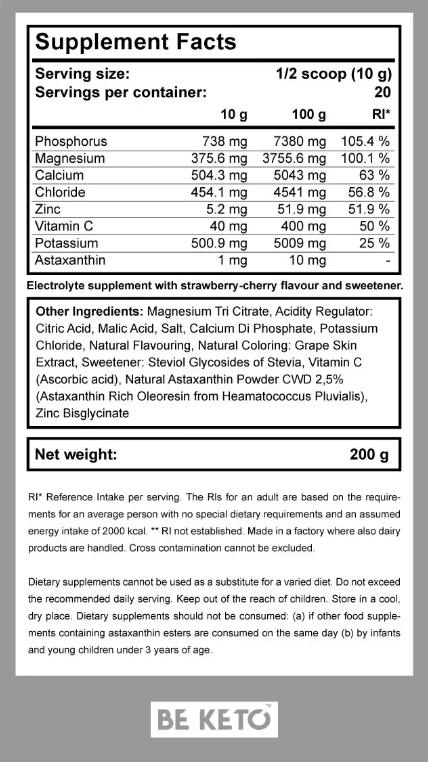 Pudra Electroliti Keto – Capsuna si Cires 200g (BE KETO)