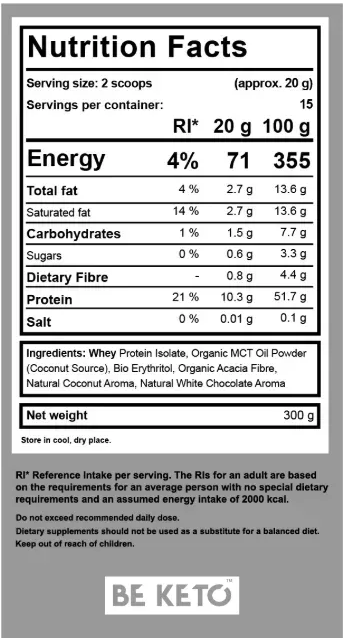 Proteina Whey Izolata Keto + MCT – Cocos & Ciocolata Alba 300g