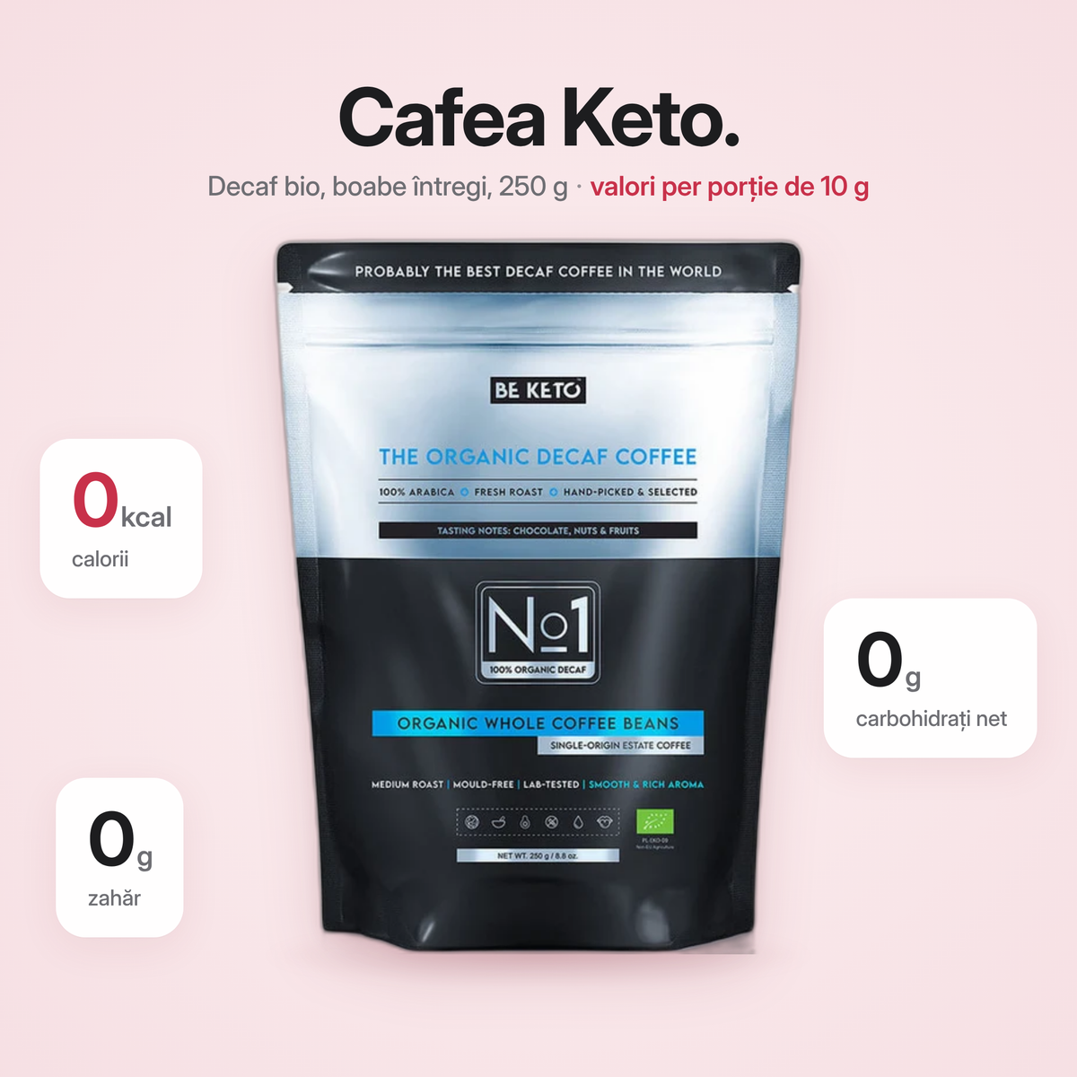 Cafea organica decofeinizata – boabe 250 g