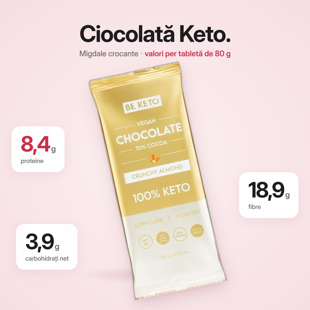 Ciocolata Vegan Keto + Ulei MCT – Migdale Crocante – 80g (BE KETO)