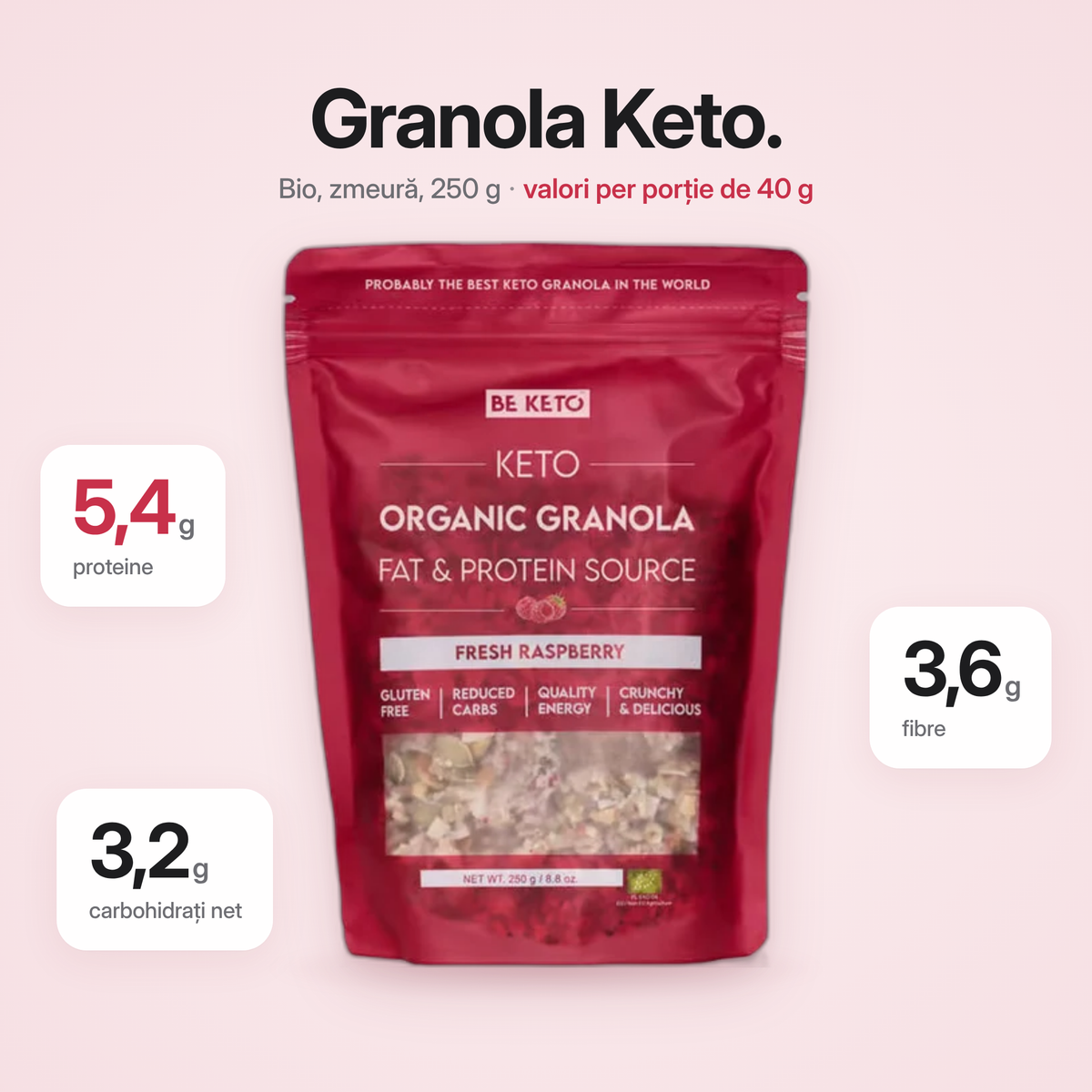 Granola Organica Keto – Zmeura Proaspata 250g (BE KETO)