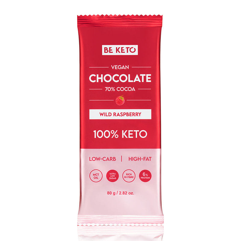 Ciocolată Vegană Keto + Ulei MCT – Zmeură Sălbatică – 80g (BE KETO)