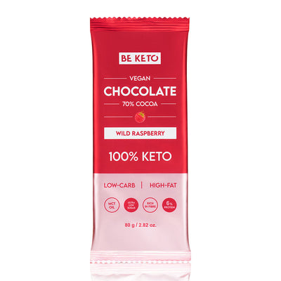 Ciocolată Vegană Keto + Ulei MCT – Zmeură Sălbatică – 80g (BE KETO)