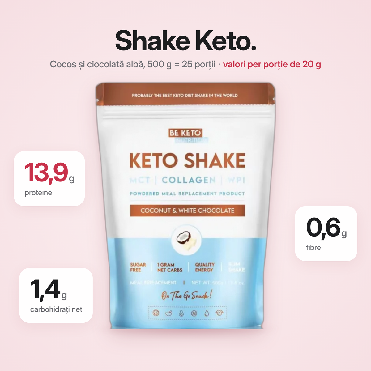 Shake Diet Keto – Cocos & Ciocolata Alba 500g (BE KETO)
