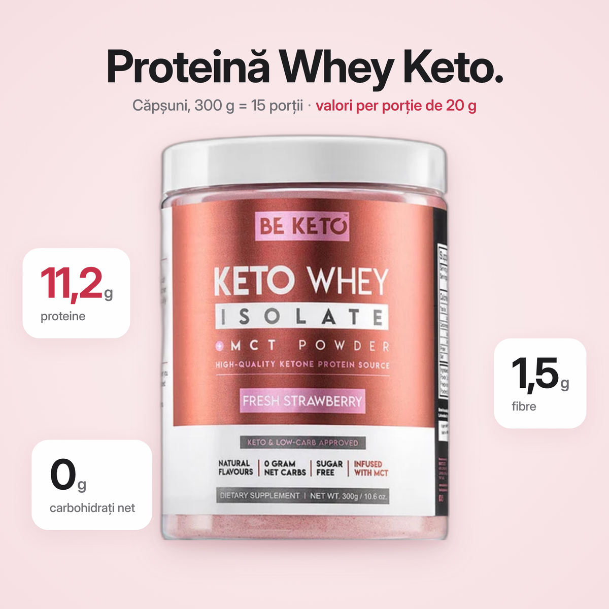 Proteina Whey Izolata Keto + MCT – Capsuni Proaspete 300g