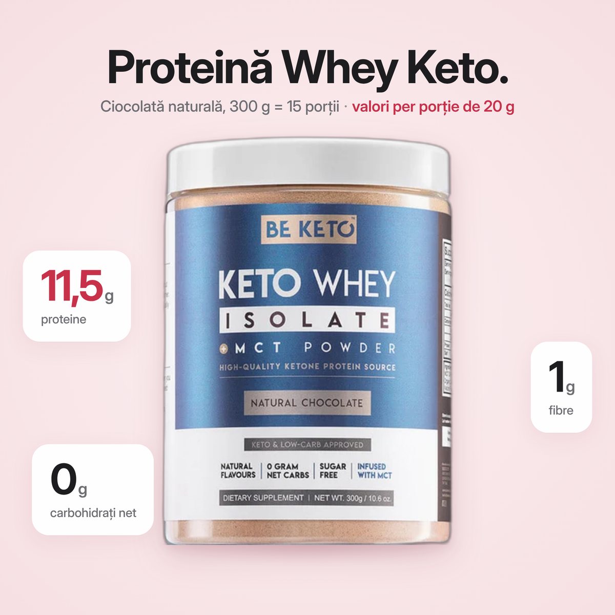 Proteina Whey Izolata Keto + MCT – Ciocolata Naturala 300g